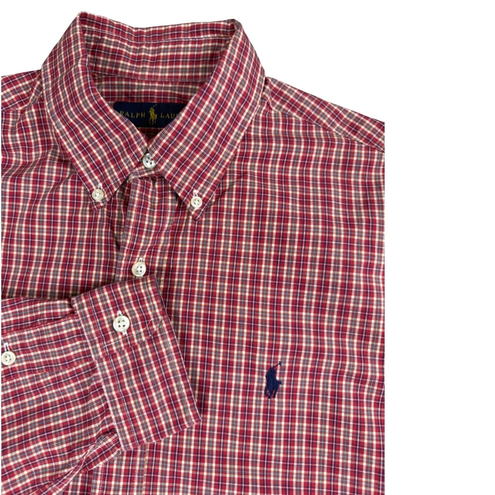 Ralph Lauren Button Down Shirt Men's Size Medium Red Plaid Preppy Tartan Weekend